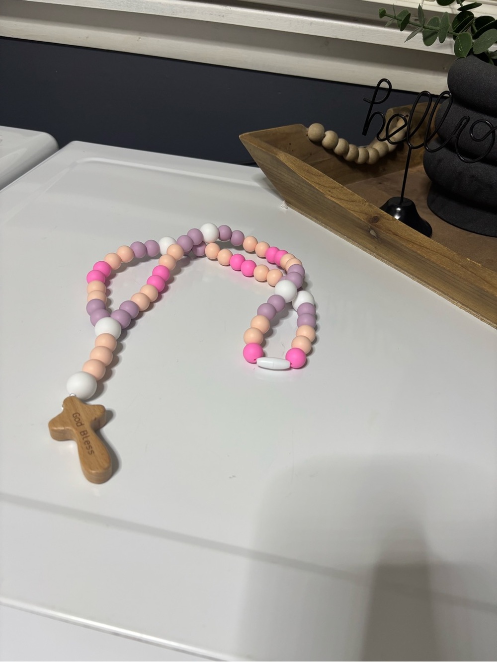 Silicone Beaded Kids Necklace with Wooden Cross - Pink & Lavender
